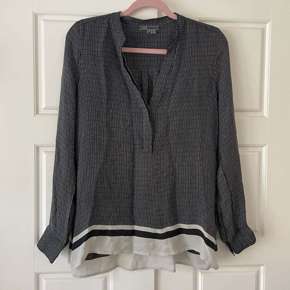 Vince Navy Blue SILK Blouse Tunic Long Sleeve Popover Nautical Office Sz M